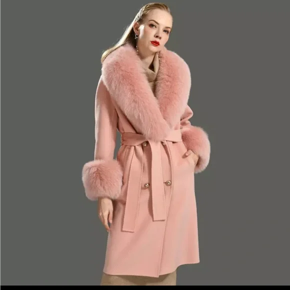🎉New Luxe High Quality Wool Blend Natural Fox Fur Collar Cashmere Coat
